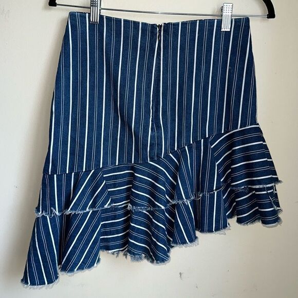 WOMEN'S ZARA DENIM RUFFLE HIGH LOW SKIRT white striped asymmetrical size xs - Picture 3 of 9